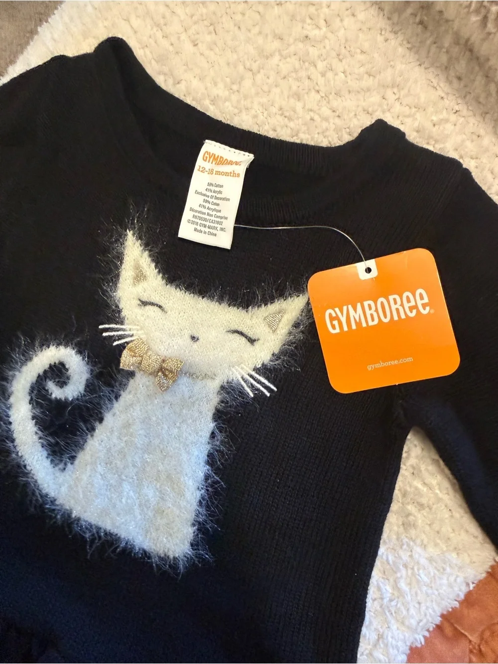 Gymboree black Dress with Cream Fuzzy Cat and Gold Bow